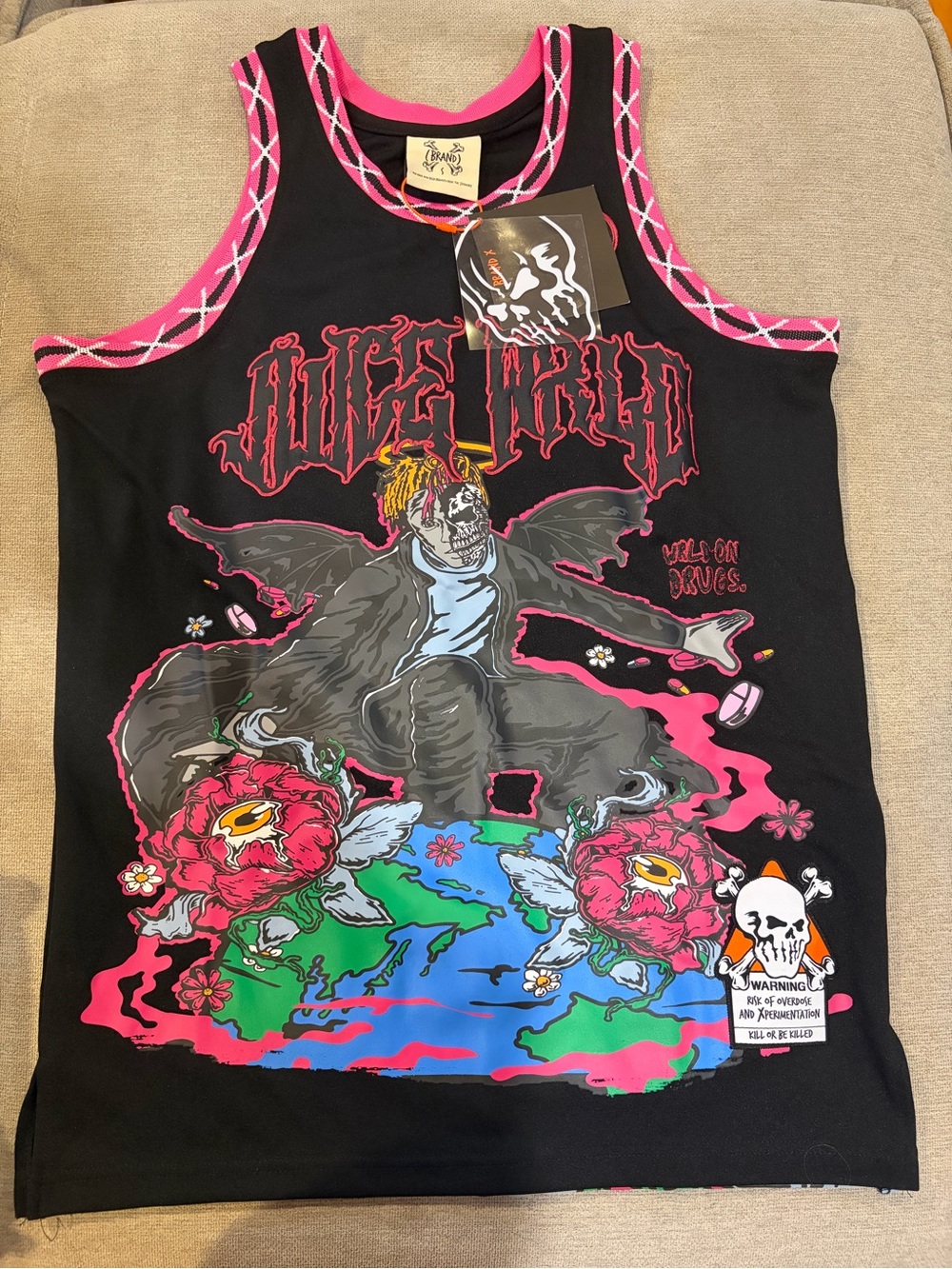 Juice Wrld Black jersey Top with Pink Trim & Multicolor Graphic